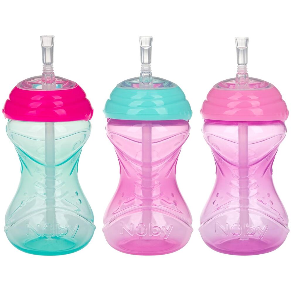 Nuby 3 Piece No-Spill Easy Grip Cup with Flex Straw, Clik It Lock Feature- Girl
